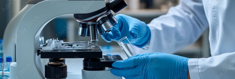Scientist working in lab, using a microscope for research. A researcher in lab coat examines samples Scientist working in lab, using a microscope for research. A researcher in lab coat examines samples