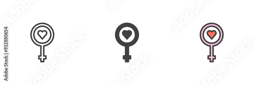 Female gender symbol with heart different style icon set