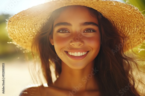 Happy young woman wearing a straw hat enjoying a bright and sunny day outdoors capturing the joy and carefree spirit of summer in a natural vibrant environment