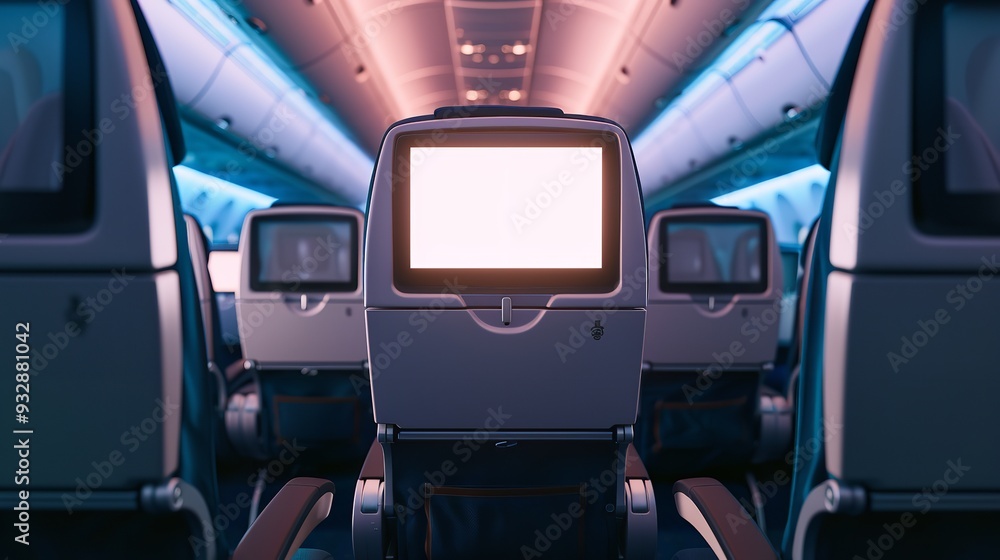 Aircraft seats with mockup devices for blank LCD screens. Generative Ai Aircraft seats with mockup devices for blank LCD screens. Generative Ai