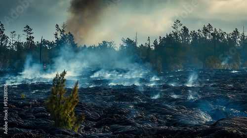 Volcanoes National Park Hawaii volcanic landscape lava flows Kilauea Mauna Loa eruption craters steaming vents lush tropical rainforest diverse ecosystems jagged lava rocks volcanic : Generative AI photo