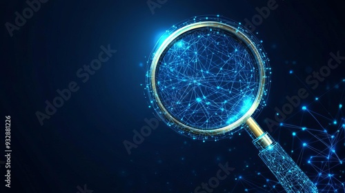 Search engine icons, abstract magnifying glass with network connections, vibrant blue tones, flat design illustration