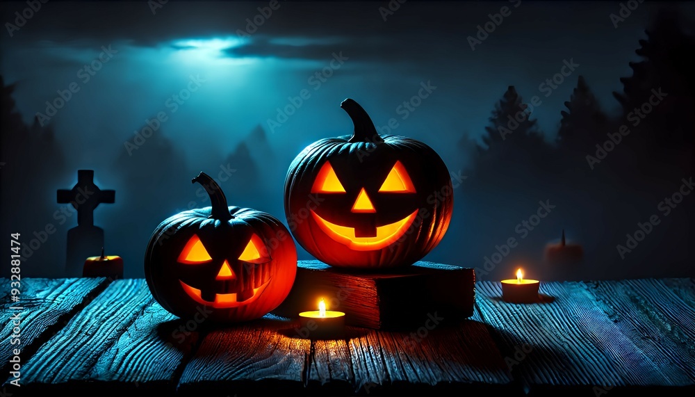 Three glowing jack-o'-lanterns of varying sizes placed on a wooden surface at dusk, with a mysterious, mist-covered lake background, Three glowing jack-o'-lanterns of varying sizes placed on a wooden surface at dusk, with a mysterious, mist-covered lake background,