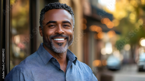 Portrait of a smiling middle-aged man with a gray beard standing outside in a city.