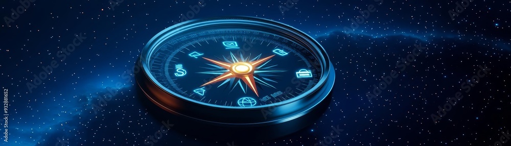 Digital compass with search icons, glowing in deep blue space, sleek and modern, 3D illustration Digital compass with search icons, glowing in deep blue space, sleek and modern, 3D illustration