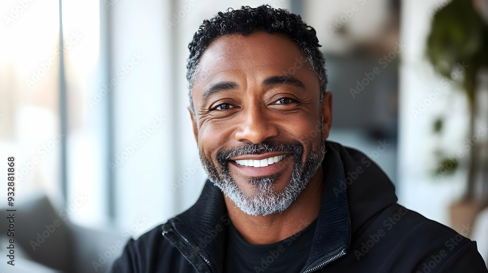 Portrait of a smiling middle-aged man with graying hair in a black hoodie. Portrait of a smiling middle-aged man with graying hair in a black hoodie.