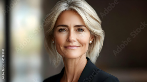 Portrait of a smiling middle-aged woman with blonde hair and a black blazer.