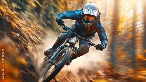 Downhill mountain biker in equipment going fast in the bike park trail : Generative AI photo