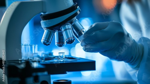 Scientist working in lab, using a microscope for research. A researcher in lab coat examines samples