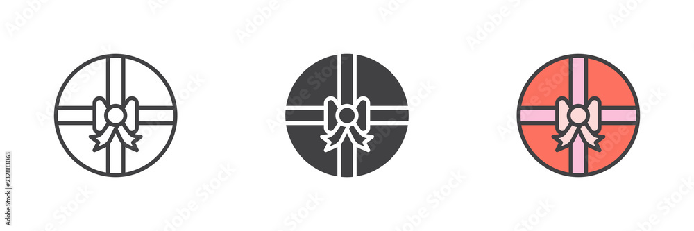 Round Gift box with ribbon different style icon set