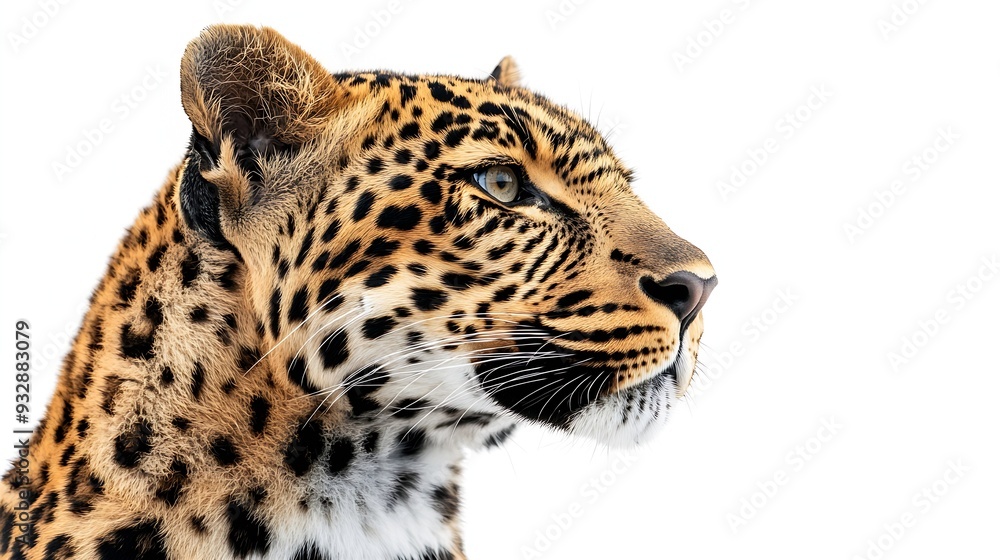 Portrait of leopard standing a looking away proudly Panthera pardus against white background : Generative AI Portrait of leopard standing a looking away proudly Panthera pardus against white background : Generative AI