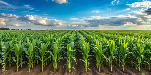 Agricultural landscape with rows of tall corn plants in a vast field, corn, crop, farm, agriculture, rural, harvest