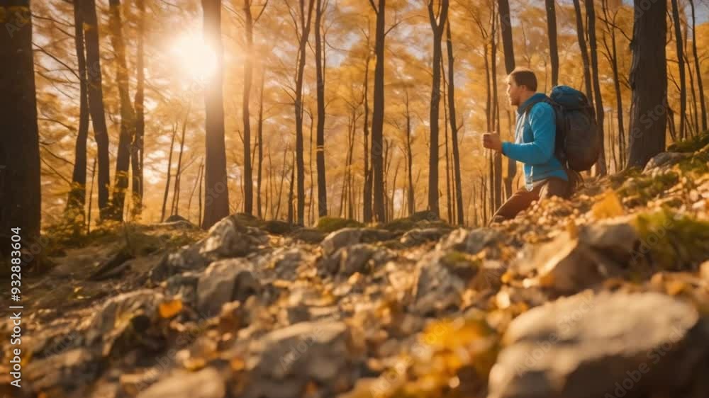 Hiker man climbs to the top of the mountain by autumn morning. Hiker drinks water from a bottle. Panoramic view Hiker man climbs to the top of the mountain by autumn morning. Hiker drinks water from a bottle. Panoramic view