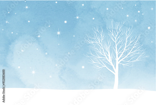 寒中見舞いはがき、キラキラ、枯れ木、水色、横