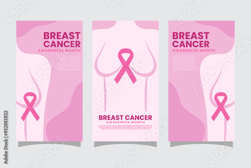 Breast cancer awareness month stories set with silhouette of a woman and a pink ribbon in her breast