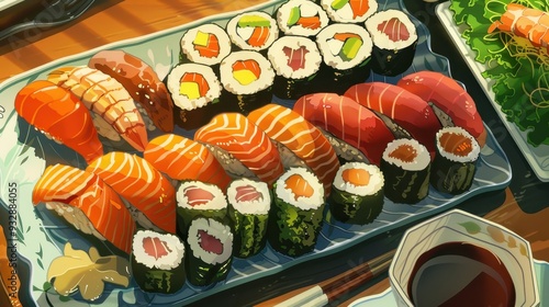 An assortment of beautifully arranged sushi slices showcases fresh fish and colorful vegetables on a traditional platter at a sushi bar