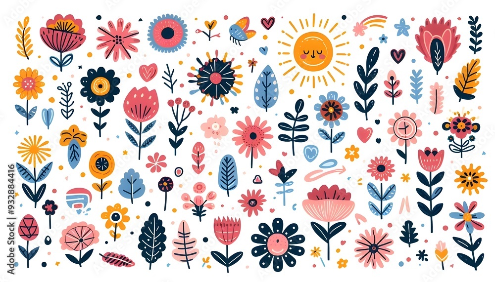 A set of fun flower and nature design elements. Flat hand drawn vector collection A set of fun flower and nature design elements. Flat hand drawn vector collection