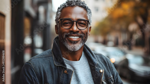 Portrait of a smiling, mature man with grey hair wearing a denim jacket.