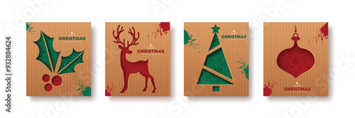 Christmas greetings card  vector card poster design. Merry christmas greeting text with printed elements like holly berry, reindeer, xmas tree and lantern in brown folded paper cut background. Vector 