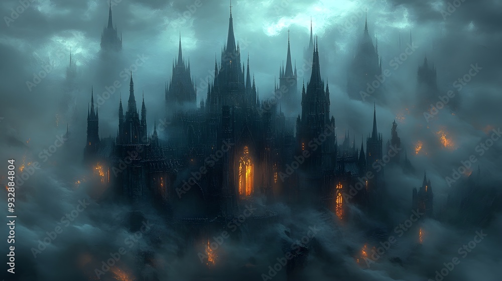 Fototapeta premium Dark Castle in Foggy Night, Mysterious Architecture