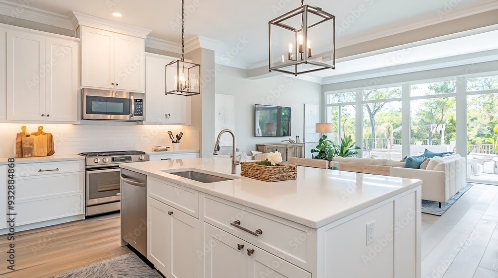 Interior of beautiful kitchen with white counters microwave and lamps : Generative AI Interior of beautiful kitchen with white counters microwave and lamps : Generative AI