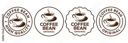 Coffee shop logo. Retro badge coffee bean and leaf branch with mountain natural icon line stamp logo vector design in vintage hipster modern style, premium coffee shop bar brand symbol icon.