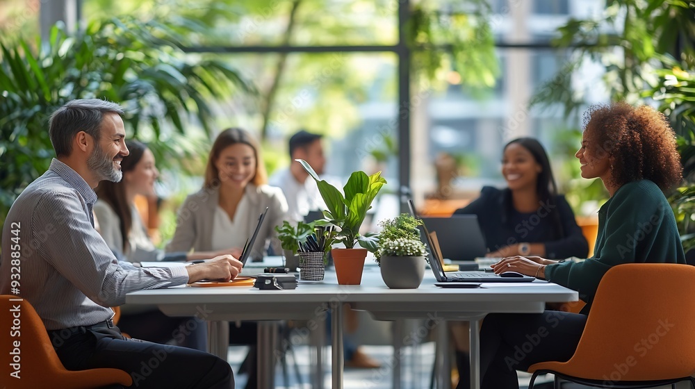 Obraz premium Diverse group of professionals engaged in a work conference showcasing teamwork and collaboration in a modern office environment : Generative AI