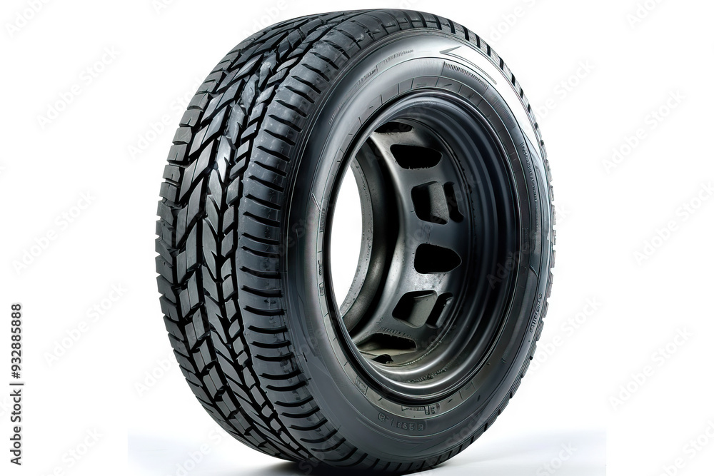 Black automotive tire with a white rim and hubcap. Tread made of synthetic and natural rubber. Focus on tire care and locking hubs, essential for transport. Black automotive tire with a white rim and hubcap. Tread made of synthetic and natural rubber. Focus on tire care and locking hubs, essential for transport.