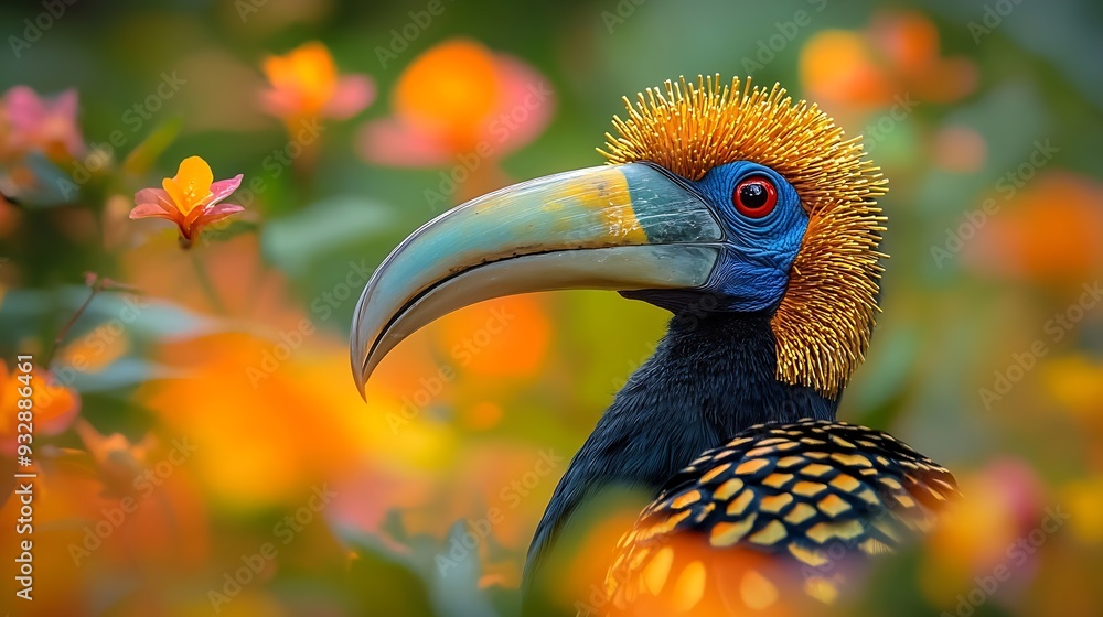 Obraz premium Portrait of colourful hornbill native to Indonesia Knobbed Hornbill Aceros cassidix Huge bird with gold bristled feathers on the blue neck blurred orange flowers in background Bird o : Generative AI
