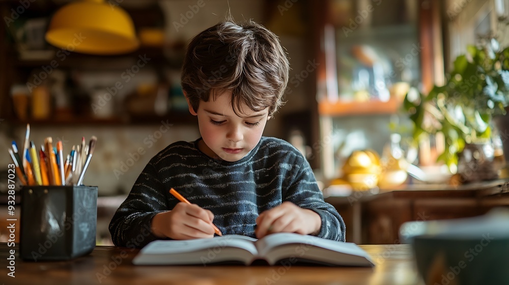 Education remote learning and boy in a kitchen with book writing or homework assignment at home Notebook homeschool and happy kid person studying in a house with fun color or art sketc : Generative AI Education remote learning and boy in a kitchen with book writing or homework assignment at home Notebook homeschool and happy kid person studying in a house with fun color or art sketc : Generative AI