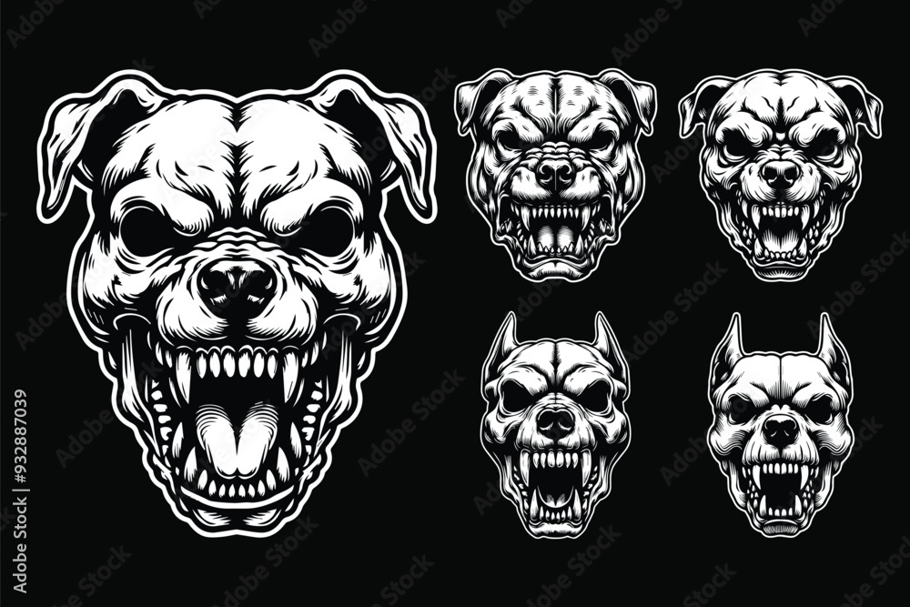 Fototapeta premium Dark Art Scary Pitbull Dog Skull Head Black and White Illustration