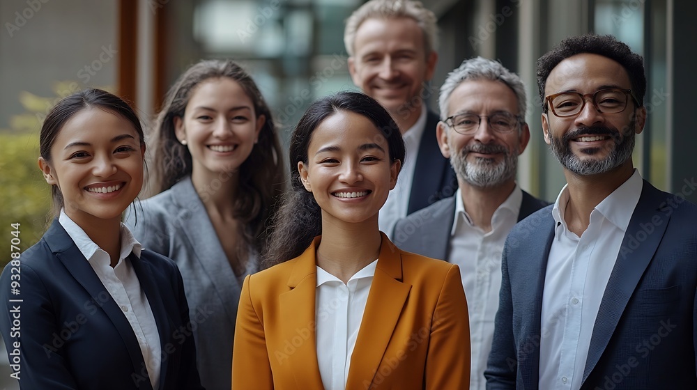 Cheerful smiling team of diverse business people in formal suit looking confident at camera with positive faces gathered outside the work building Happy corporate work team posing for : Generative AI Cheerful smiling team of diverse business people in formal suit looking confident at camera with positive faces gathered outside the work building Happy corporate work team posing for : Generative AI