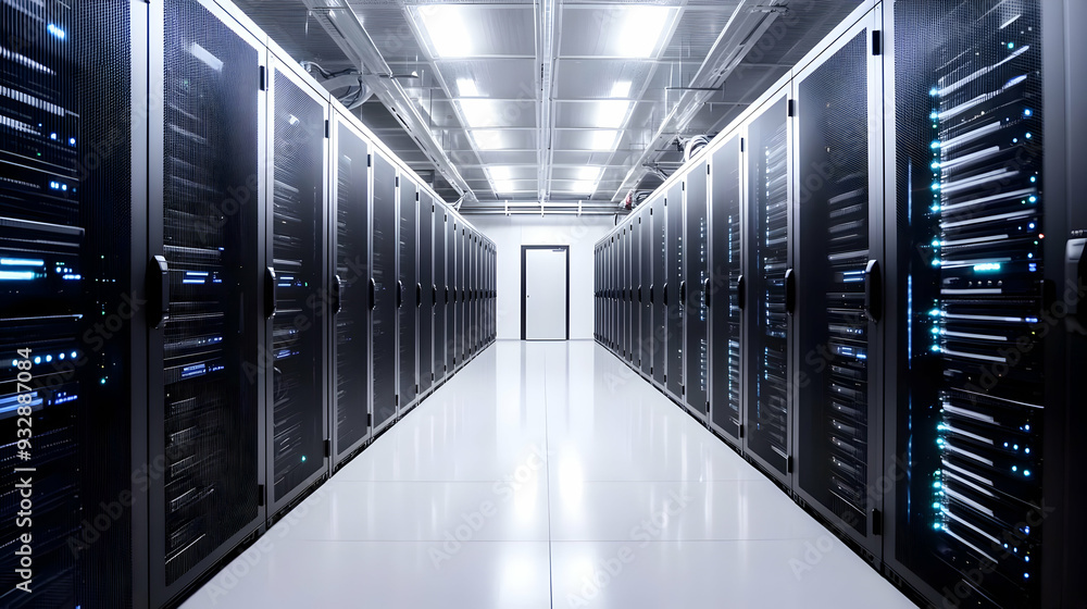 Fototapeta premium Rows of black server racks in a modern data center with bright lights.