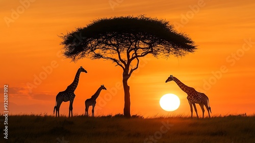 Panorama silhouette  Giraffe family and tree in africa with sunsetTree silhouetted against a setting sunTypical african sunset with acacia trees in Masai Mara Kenya : Generative AI photo