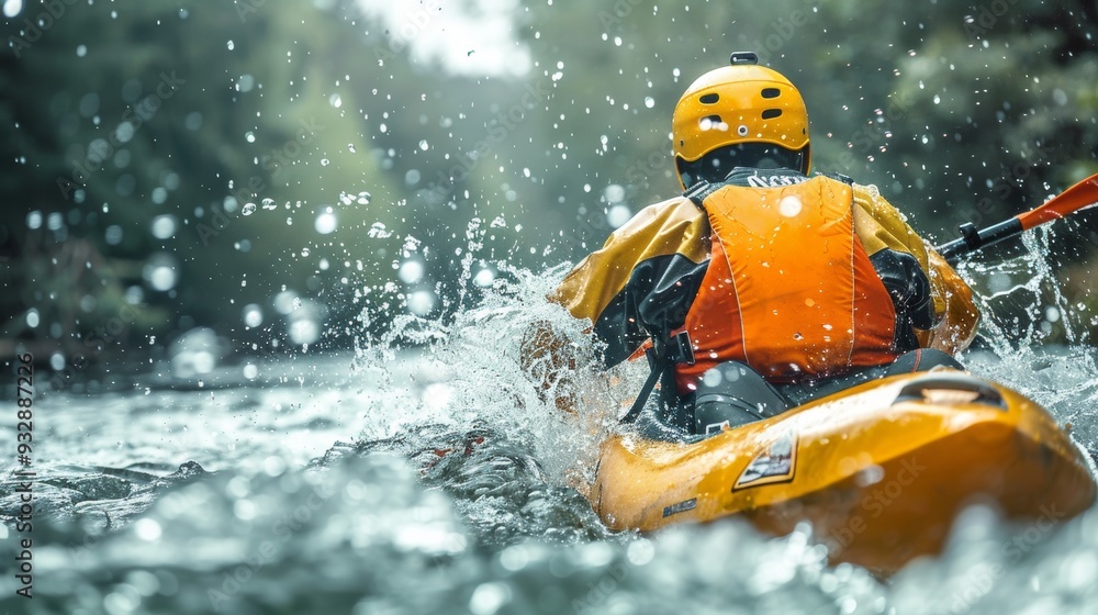 close-up of an outdoor kayaker navigating rough rapids in a bright yellow life jacket, splashing water, and a distant forest backdrop, creating a dynamic and adventurous close-up of an outdoor kayaker navigating rough rapids in a bright yellow life jacket, splashing water, and a distant forest backdrop, creating a dynamic and adventurous