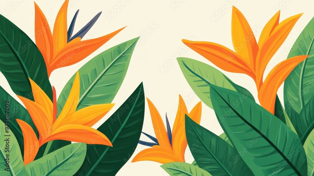 Vibrant bird of paradise in a modern flat style, featuring textured elements and a fun, cartoonish look. A visual delight Vibrant bird of paradise in a modern flat style, featuring textured elements and a fun, cartoonish look. A visual delight