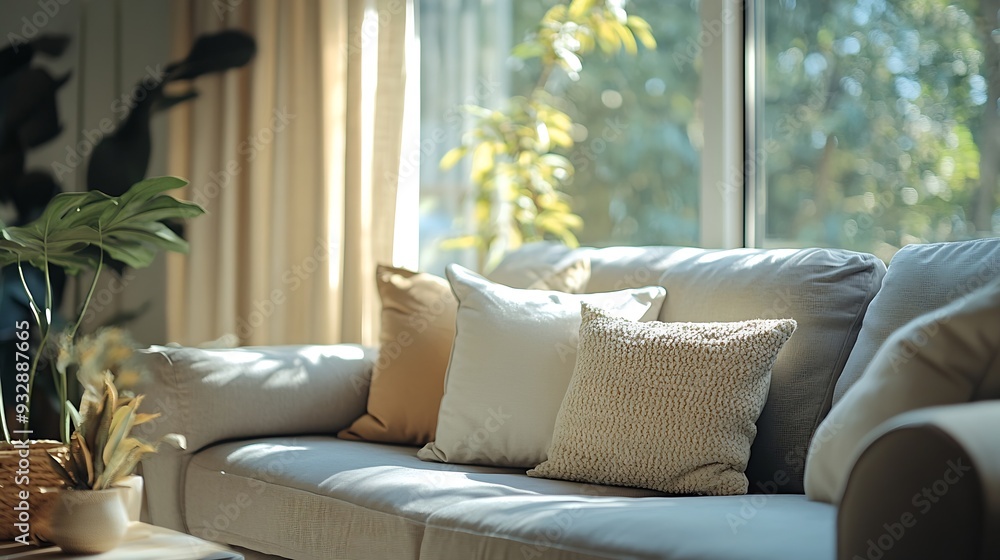 Fototapeta premium Interior of light living room with cozy grey sofas near big window : Generative AI