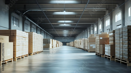 Rows of stacked cardboard boxes in a large warehouse.