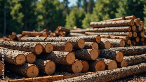 European sawmill with blue sky background and wood stacks for gardening and construction. photo