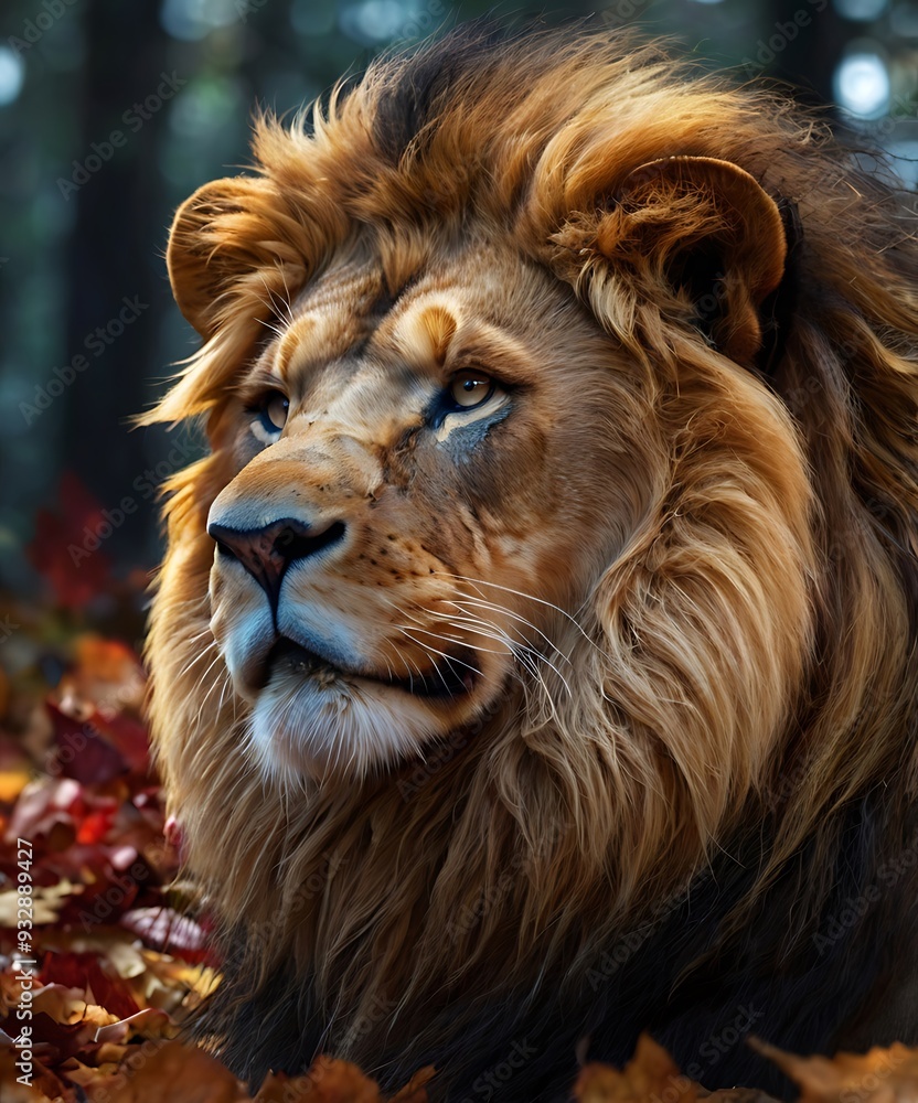 Fototapeta premium Mighty lion king of the jungle portrait, hairy animal in forest, powerful creature