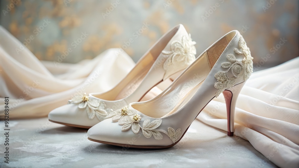 Elegant ivory wedding heels on soft velvet with delicate highlights and ethereal atmosphere Elegant ivory wedding heels on soft velvet with delicate highlights and ethereal atmosphere