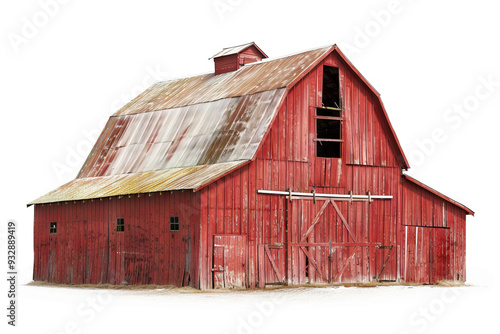 White shed on a farm, red door, outdoors.