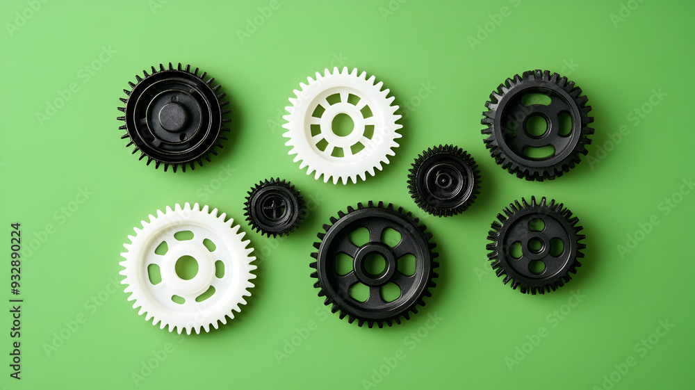 Models of plastic gears on a green background. Models of plastic gears on a green background.
