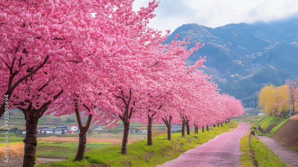 Cherry Blossoms in Full Bloom Along a Winding Path Cherry Blossoms in Full Bloom Along a Winding Path