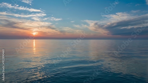 Scenic landscape view of a lake under great blue sky and sunset in horizon, reflection of clouds on clear water