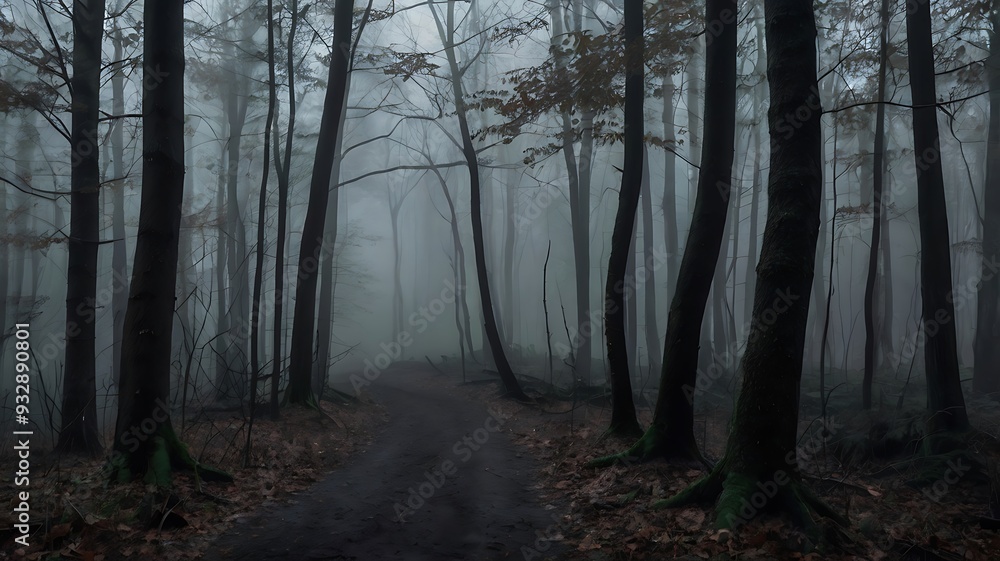 Fototapeta premium Dark and mysterious landscape view of spooky road in a forest, white fog covered all trees and sky isn't visible, there are no leaves on trees