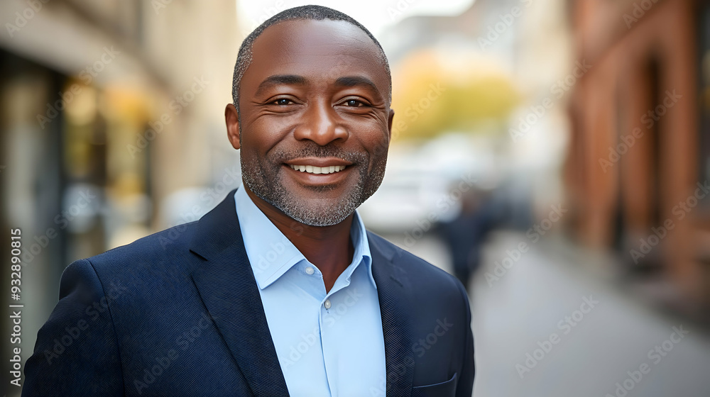 Smiling businessman in suit and blue shirt standing on the street. Smiling businessman in suit and blue shirt standing on the street.