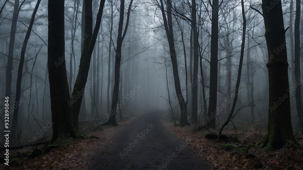 Fototapeta premium Dark and mysterious landscape view of spooky road in a forest, white fog covered all trees and sky isn't visible, there are no leaves on trees