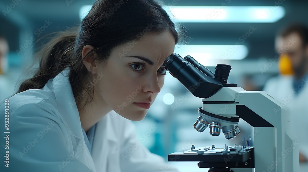 Young woman analyzing human brain microscope slide under microscope while sitting with scientists in background at laboratory : Generative AI Young woman analyzing human brain microscope slide under microscope while sitting with scientists in background at laboratory : Generative AI