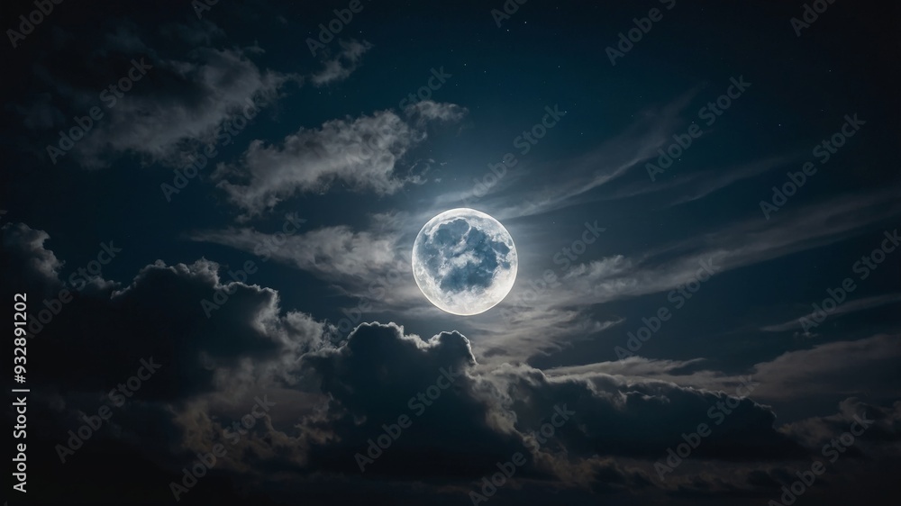 A luminous full moon obscured partially by fast-moving clouds, creating a dynamic interplay of light and shadow. A luminous full moon obscured partially by fast-moving clouds, creating a dynamic interplay of light and shadow.